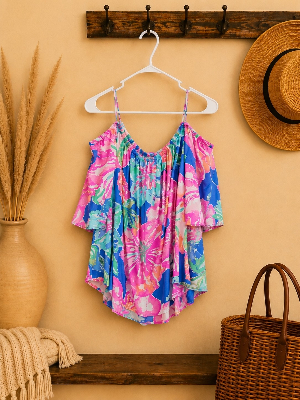 Lilly Pulitzer Pink, Blue & Green Floral Ruffle Cami Top - Picture 2 of 2